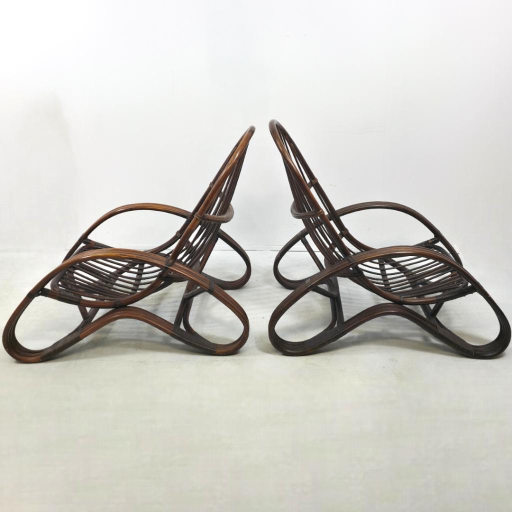 Tito Agnoli rotan set 2 stoelen tafel Italië 60s design, Ophalen, Twee, Bruin, Riet of Rotan