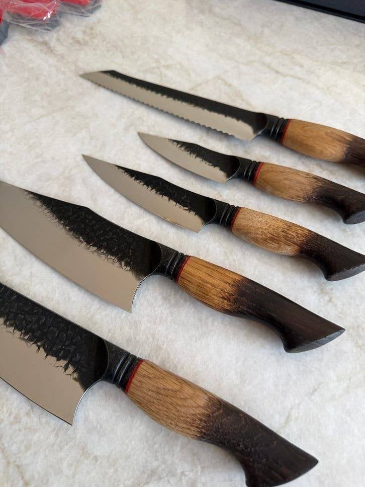 Xinzuo 5-delige Damascus Messenset, Gebrand Eikenhout, Ophalen of Verzenden, Nieuw, Rvs of Chroom, Los bestek