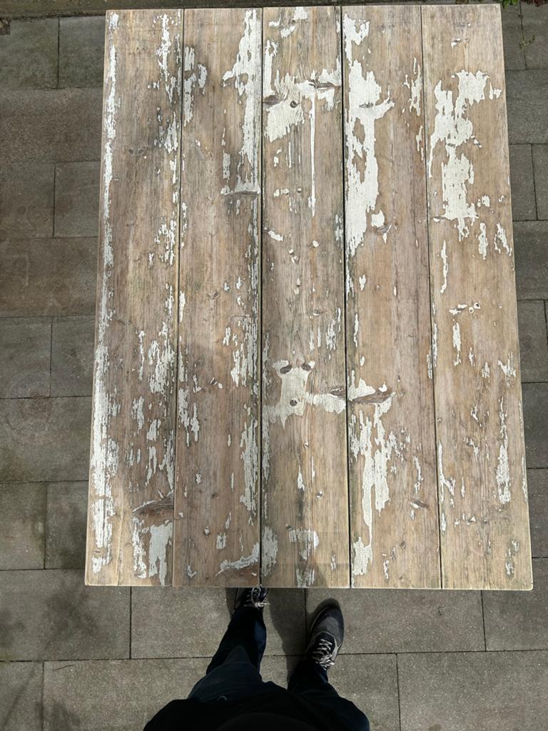 Robuuste houten tafel met houten schragen, Ophalen, Gebruikt, Rechthoekig, Hout