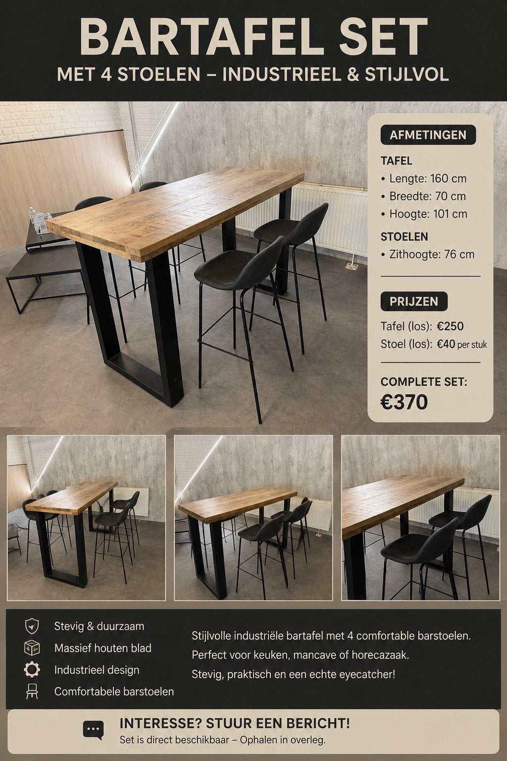 Bartafel met 4 barstoelen – Industriële set – €370, Ophalen, 100 tot 150 cm, 50 tot 100 cm, Zo goed als nieuw