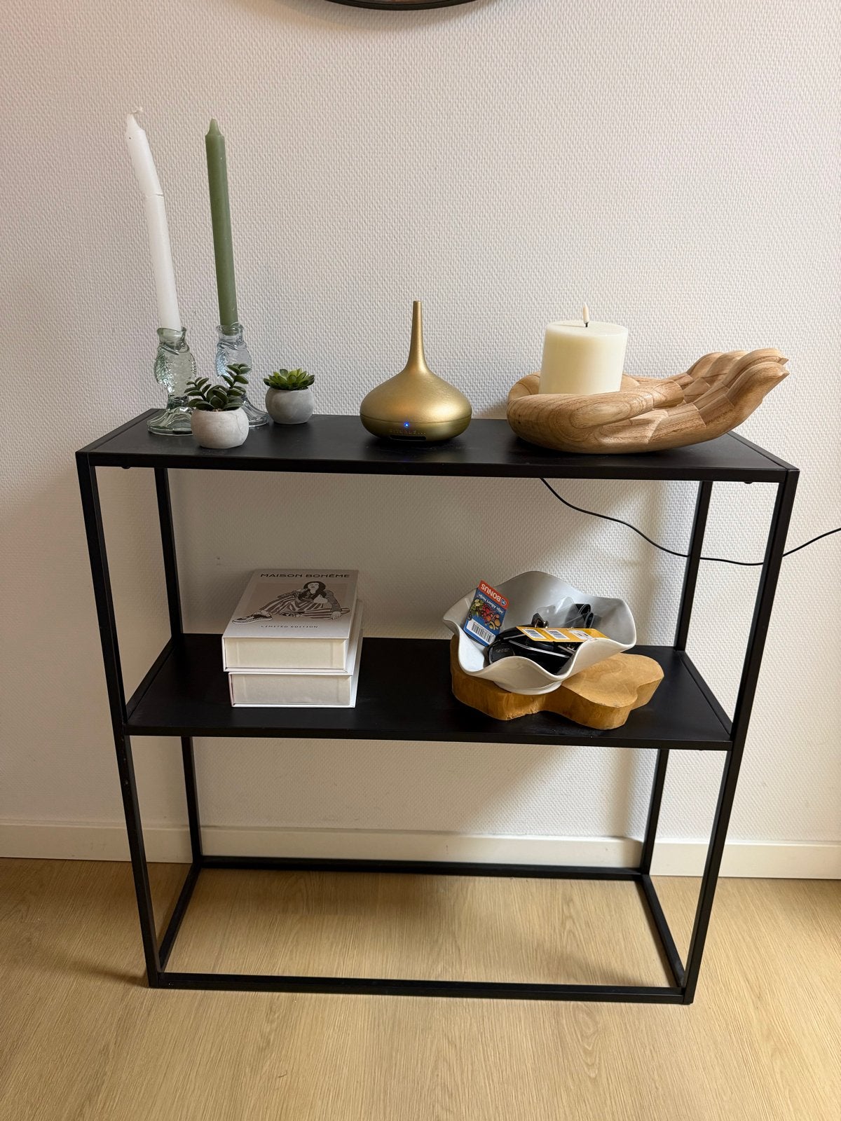 Zwart metalen bijzettafel/wandtafel (26x79cm), Gebruikt, Metaal of Aluminium, Ophalen of Verzenden, 75 cm of meer