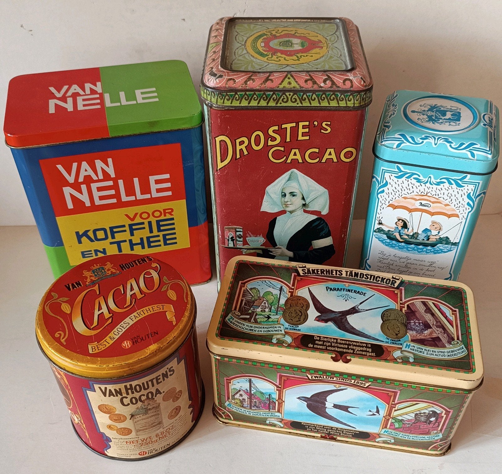 5 Vintage Blikken Bussen: Droste Van Houten Venz Van Nelle, Ophalen of Verzenden, Gebruikt, Overige