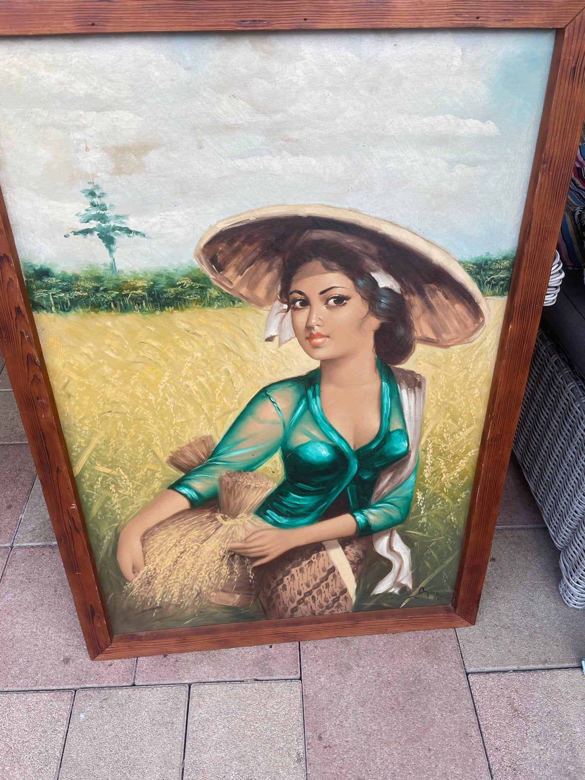 Schilderij Oosterse Vrouw in Rijstveld, Antiek en Kunst, Kunst | Schilderijen | Klassiek, Doek, Portret of Personen, Realistisch