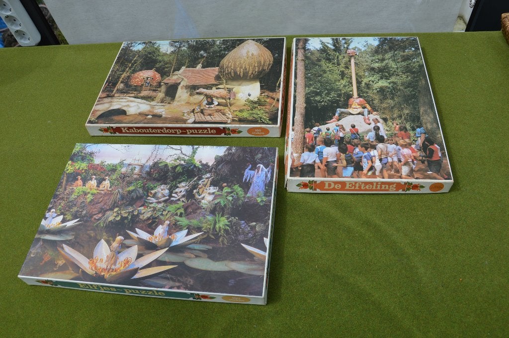 3 Vintage Efteling puzzels jaren 70: Kabouterdorp, Indische, Ophalen of Verzenden, Gebruikt, Gebruiksvoorwerp