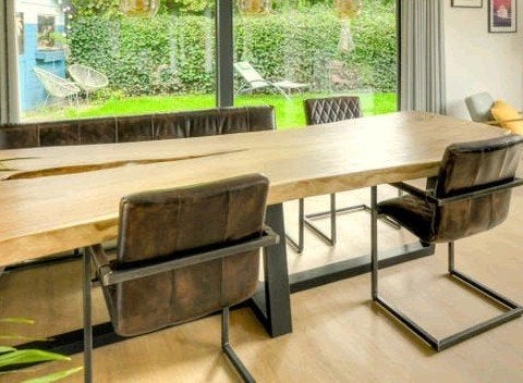 Stoere set eettafel stoelen en bank, Ophalen, Gebruikt, Leer, Drie