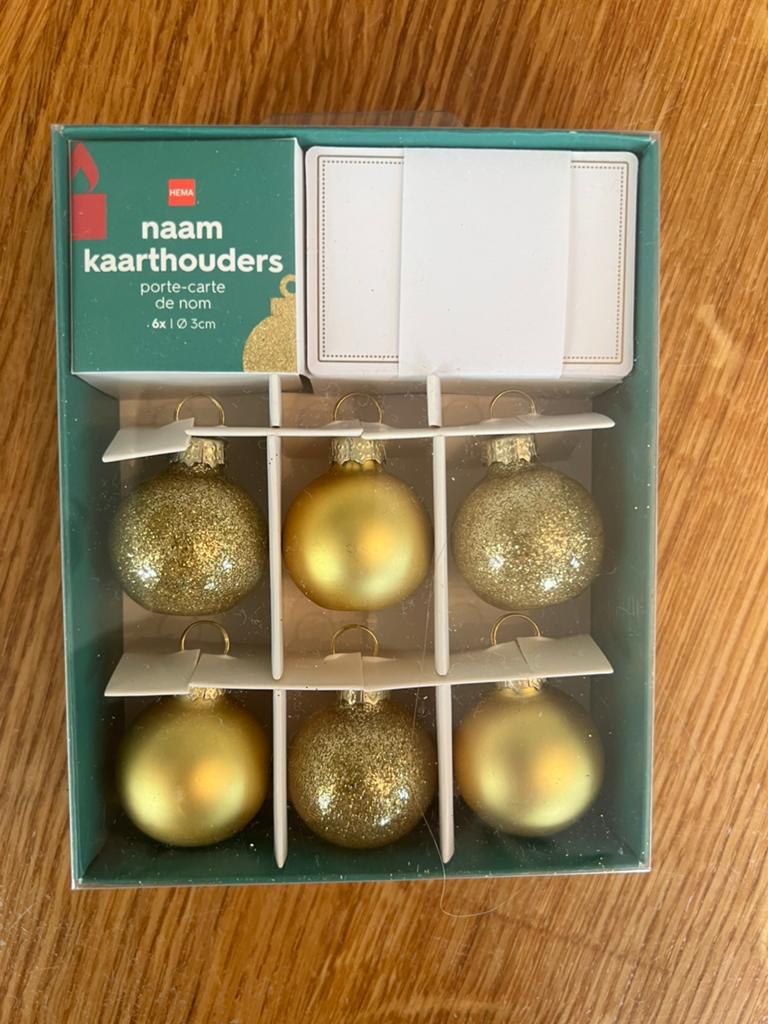 Naam kaarthouders kerst -NIEUW 6 gouden kerstbal naamhouders, Diversen, Ophalen of Verzenden, Nieuw