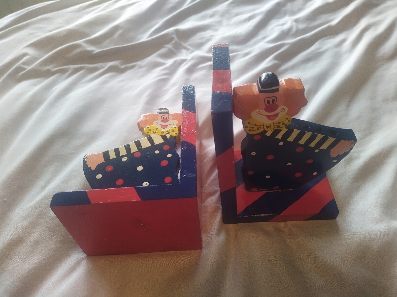Vintage houten boekensteunen met clown motief, Ophalen, Gebruikt, Meerkleurig, Vintage