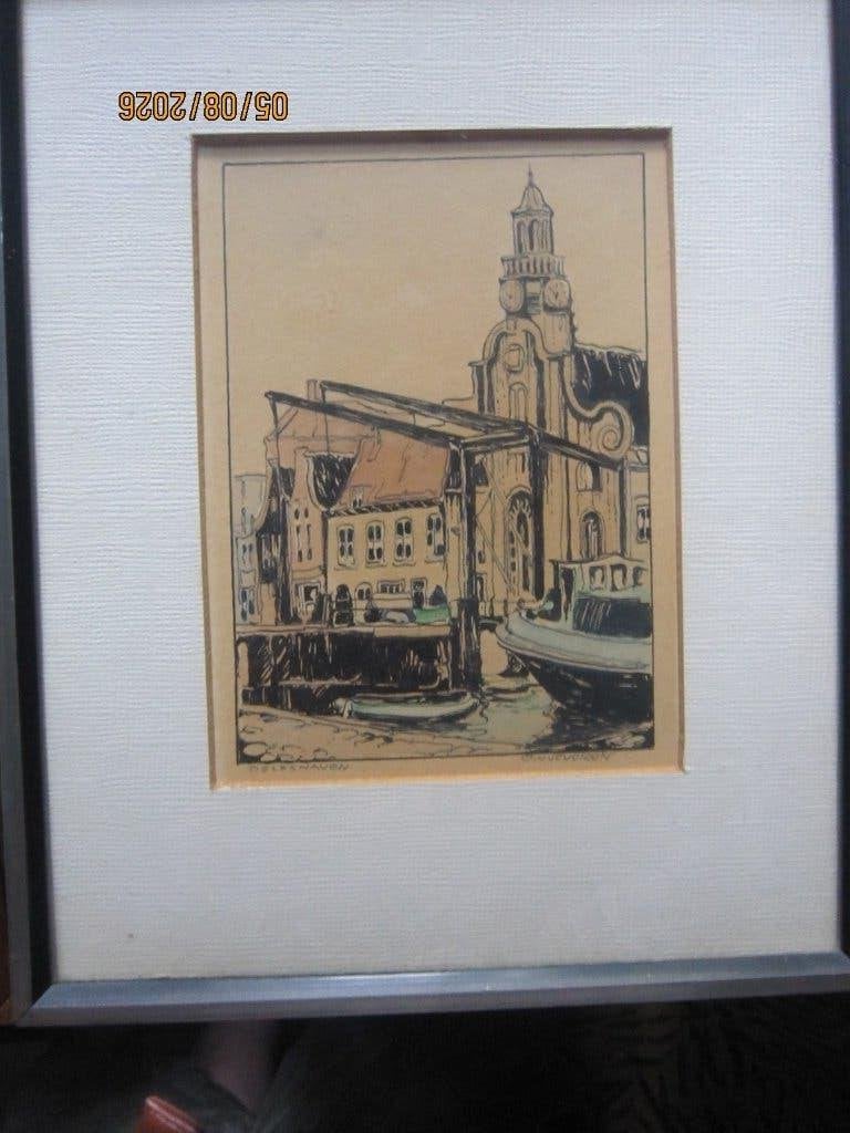 Gerrit van Jeveren, aquarR.dam Delfshaven, Pelgim Fatherkerk, Antiek en Kunst, Ophalen, Expressionistisch, Aquarel, Papier