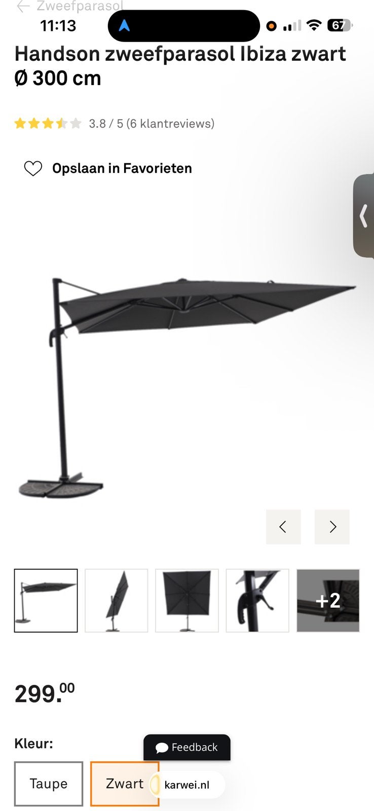 Zweefparasol kantelbaar 300cm, Ophalen of Verzenden, Zo goed als nieuw, Zweefparasol, Kantelbaar