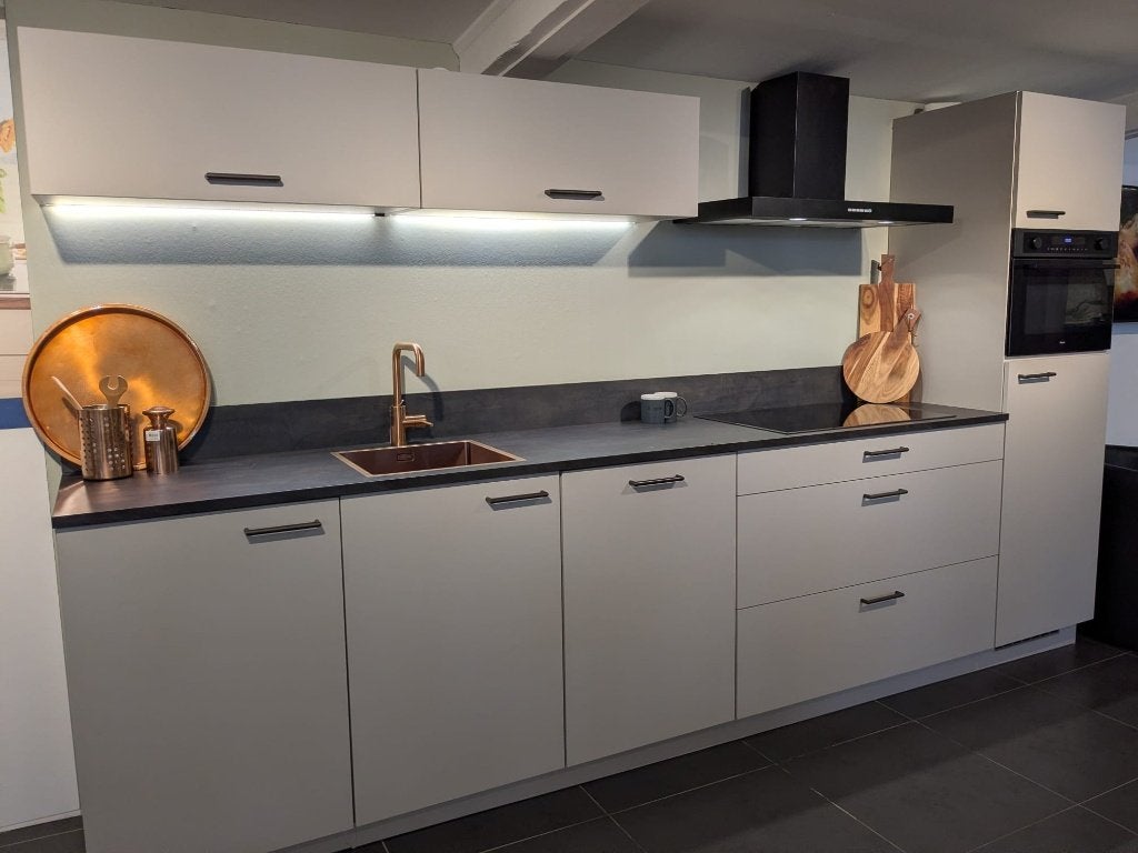 Strakke moderne rechte keuken Zand mat koper 360 cm, Ophalen, Overige kleuren, Nieuw, Enkelwandige keuken