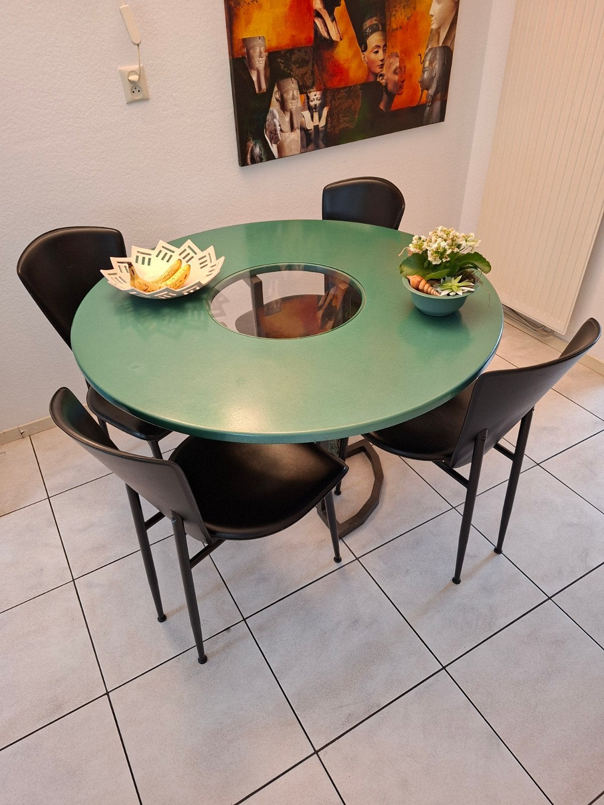 Unieke handgemaakte ronde designe eettafel met 4 stoelen - G, Gebruikt, Glas, Rond, Vier personen