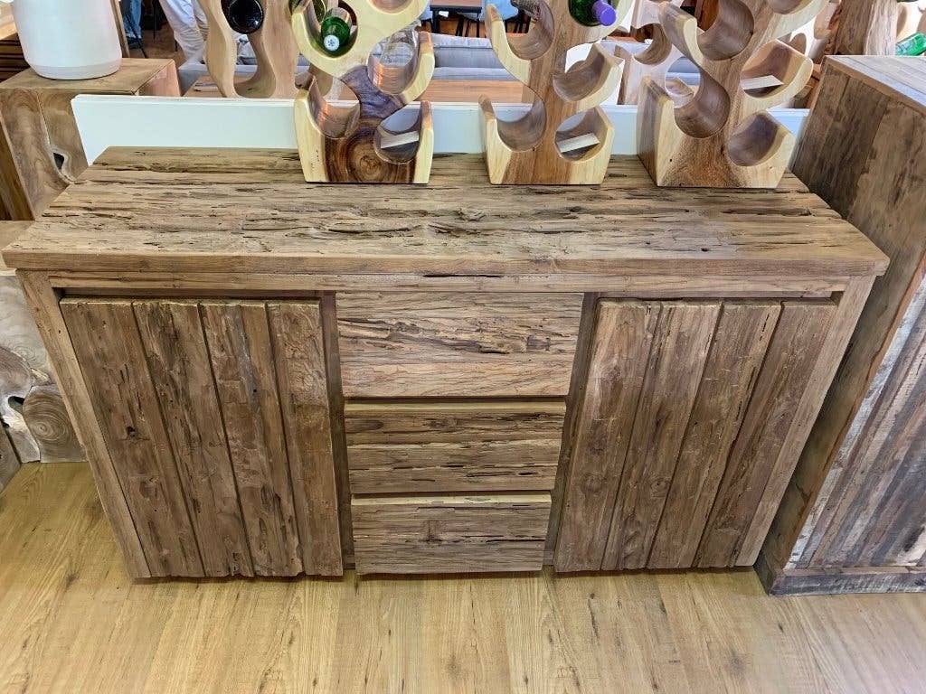 Dressoir 90h stoer Grof Teak in 2 breedtes bijv 150b, Ophalen, Met deur(en), 150 tot 200 cm, Teakhout