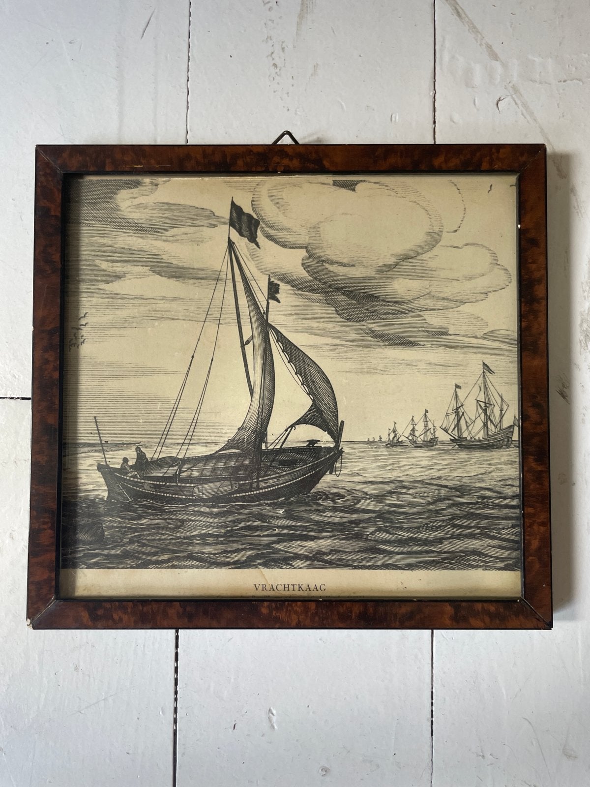Antieke Ets 'Vrachtkaag' - Maritiem Landschap, steigerschuit, 1800 - 1899, Ophalen of Verzenden, Landschap, Met tekst