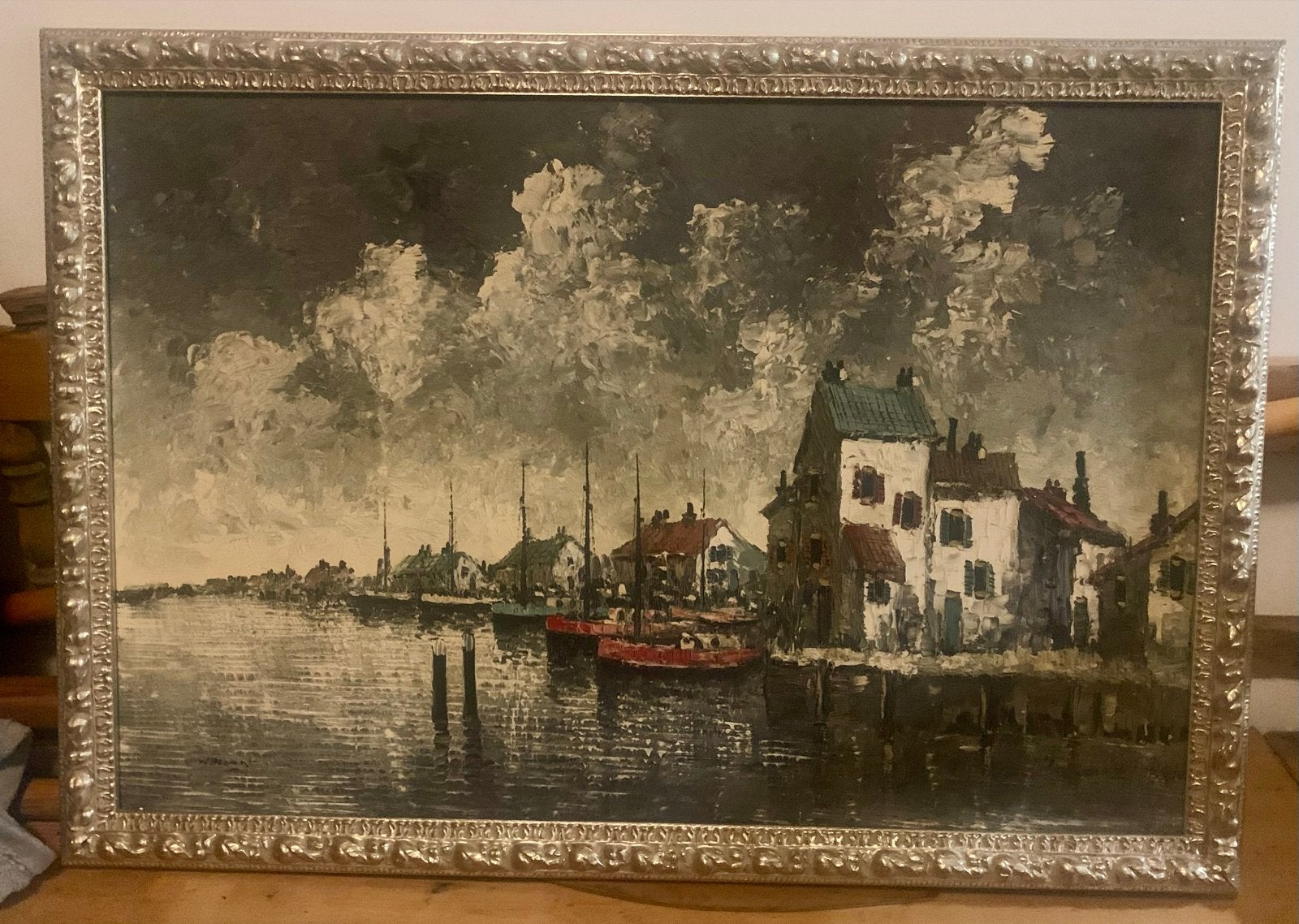 Schilderij: Havenzicht met boten en huizen, Maritiem / water, Doek, Ophalen of Verzenden, Olieverf