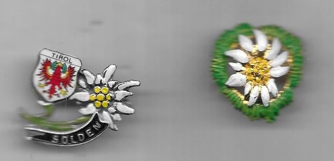 BLOEMEN 2 VERSCHILLENDE EDELWEISS BROCHE TIROL GERELATEERD, Verzenden, Gebruikt, Speldje of Pin
