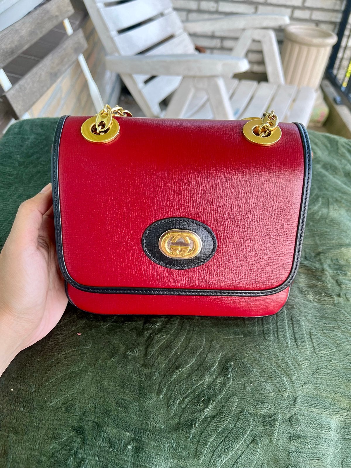 Gucci Marina Schoudertasje Rood Leer met Gouden Ketting, Ophalen of Verzenden, Zo goed als nieuw, Rood, Schoudertasje