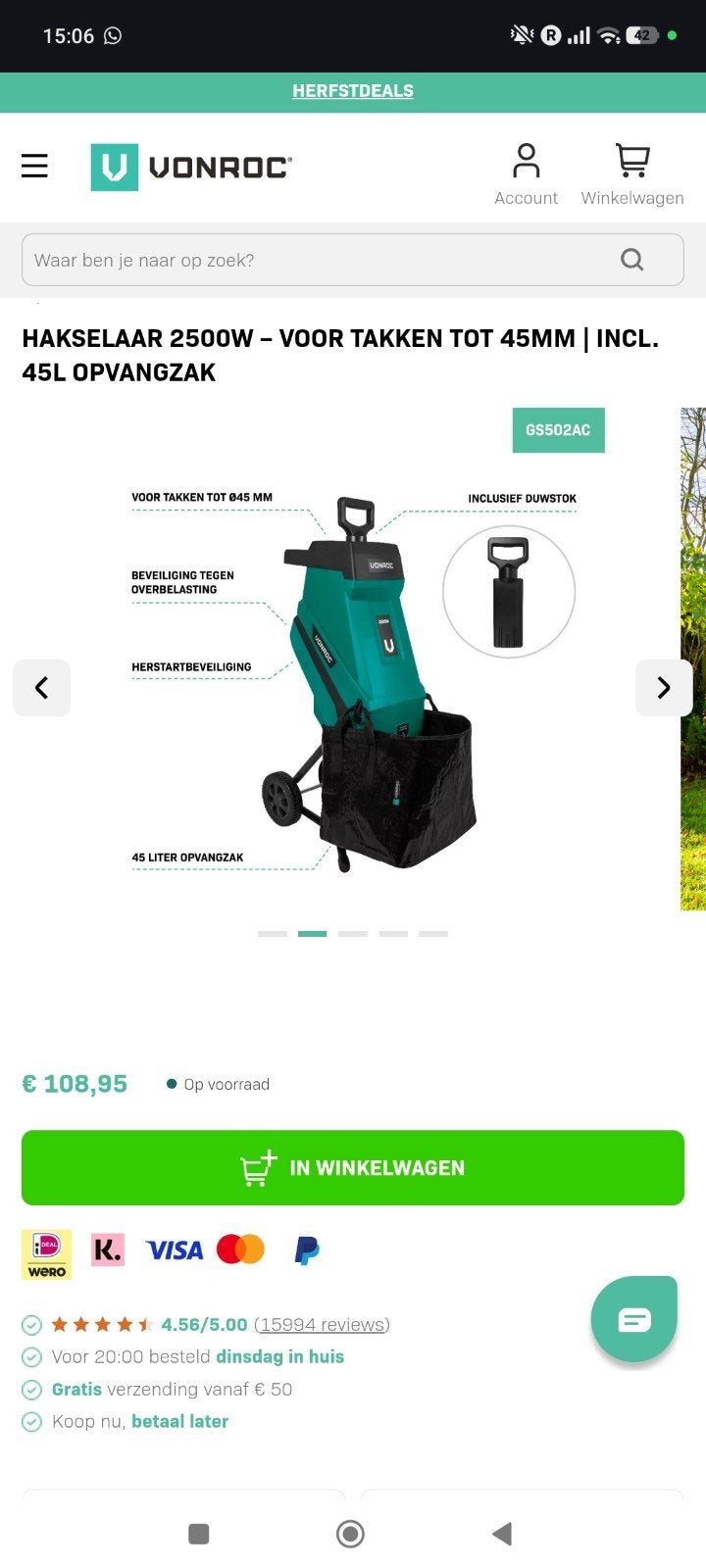 Vonroc Hakselaar 2500W - Zo goed als nieuw, Ophalen, Met opvangzak, Elektrisch, Vonroc