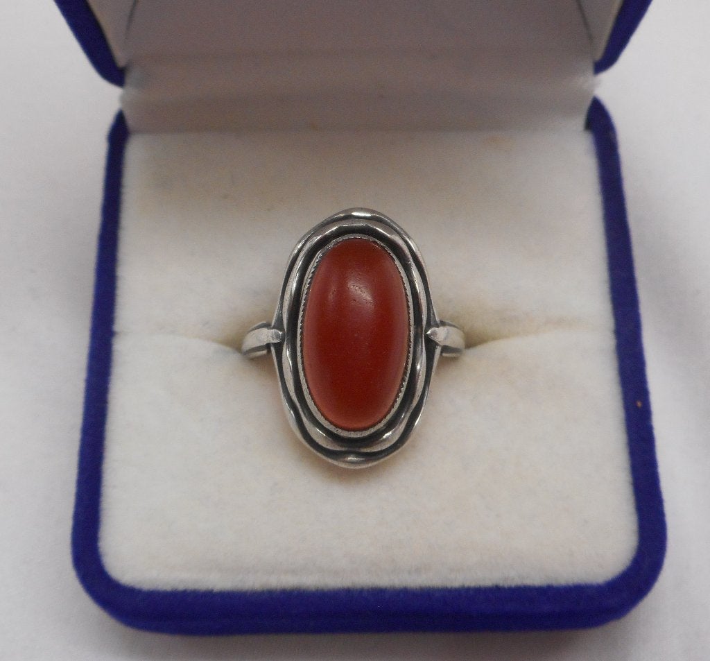 Zilveren antieke ring met carneool maat 17,5 nr.1710, Sieraden, Tassen en Uiterlijk, Antieke sieraden, Verzenden, Zilver, Ring