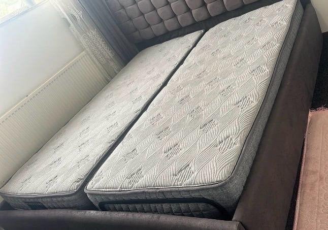 Tweepersoons boxspring met gestoffeerd hoofdbord, Ophalen, Gebruikt, Tweepersoons, 200 cm