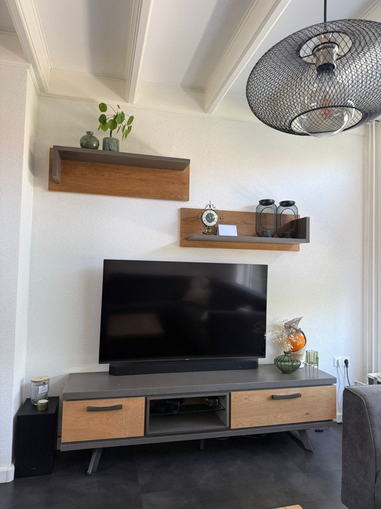 TV-meubel 180 cm – eiken & antraciet & metaal incl. planken, Ophalen, Gebruikt, 150 tot 200 cm, Minder dan 100 cm