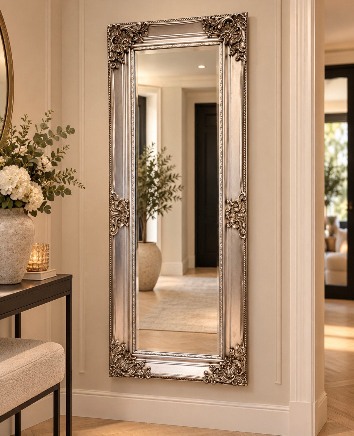 Grote luxe passpiegel met sierlijst – champagne/zilver