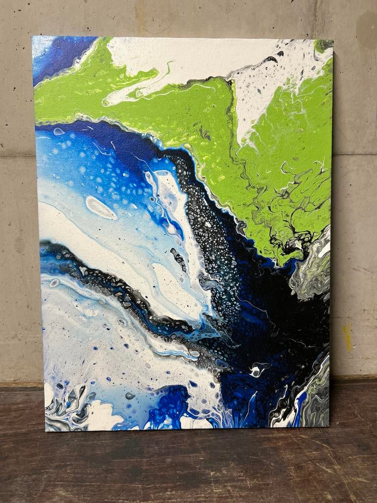 Abstracte Acryl Gietkunst op Canvas - Groen, Blauw, Wit, Ophalen of Verzenden