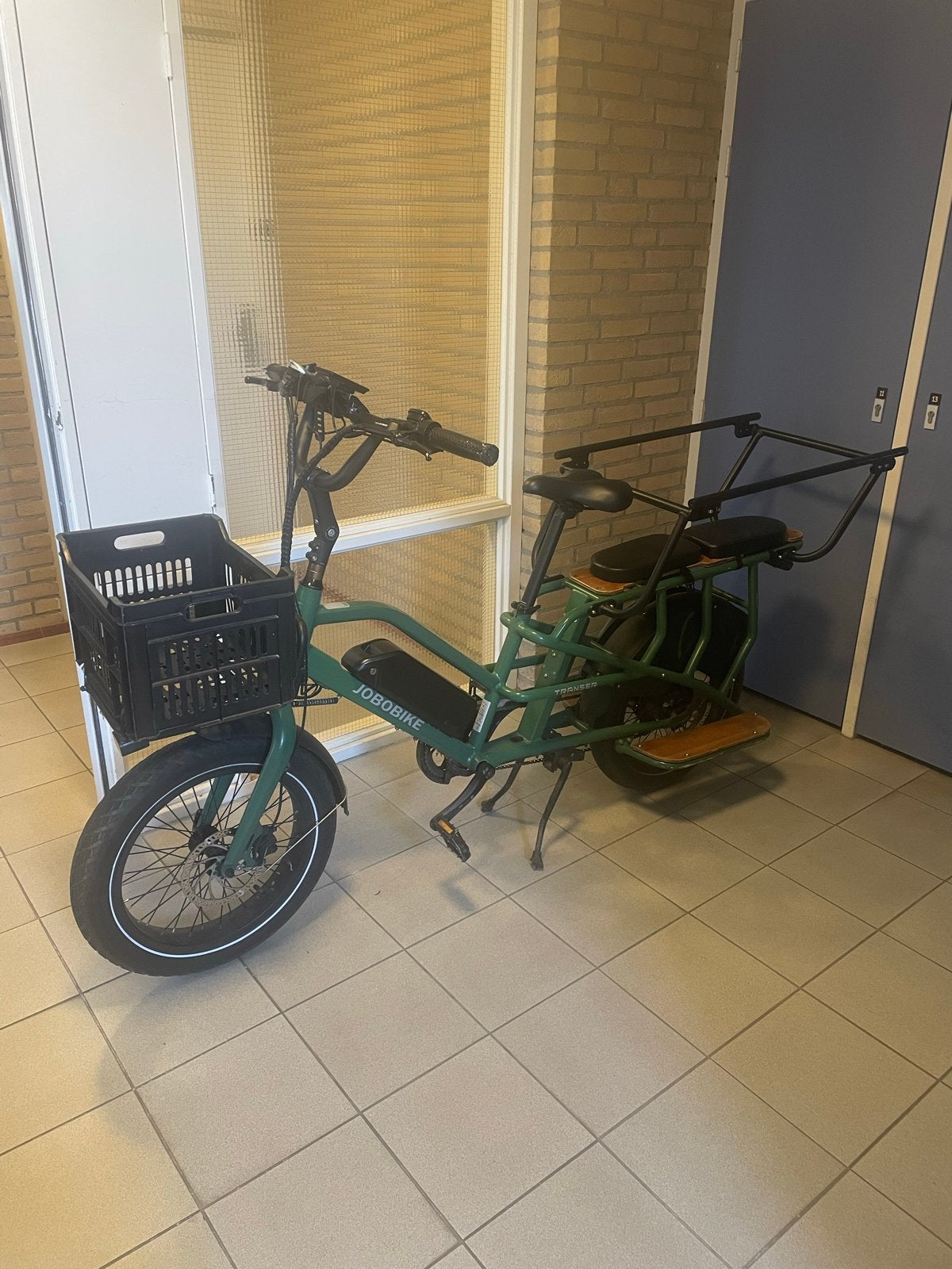 Jobobike Transer Elektrische Bakfiets - Groen, Elektrisch, Zo goed als nieuw, 2 kinderen, Schijfrem
