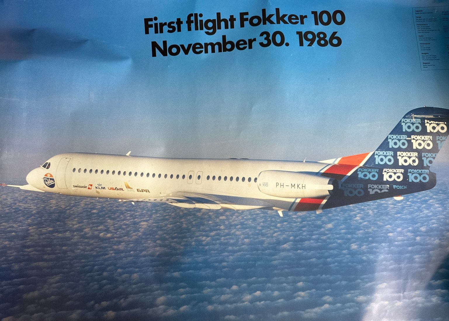 Poster: Eerste vlucht Fokker 100 - 30 november 1986, Ophalen, A1 t/m A3, Overige onderwerpen, Rechthoekig Staand