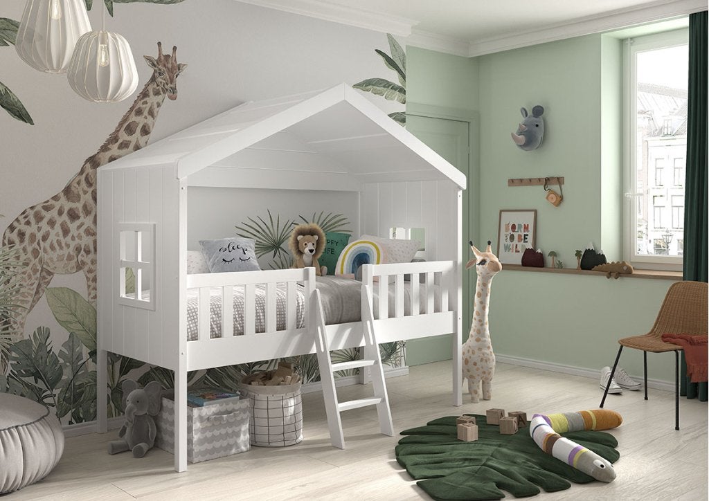 Huisbed met ladder - 90x200 - Wit, Niet ingevuld, Niet ingevuld, Niet ingevuld