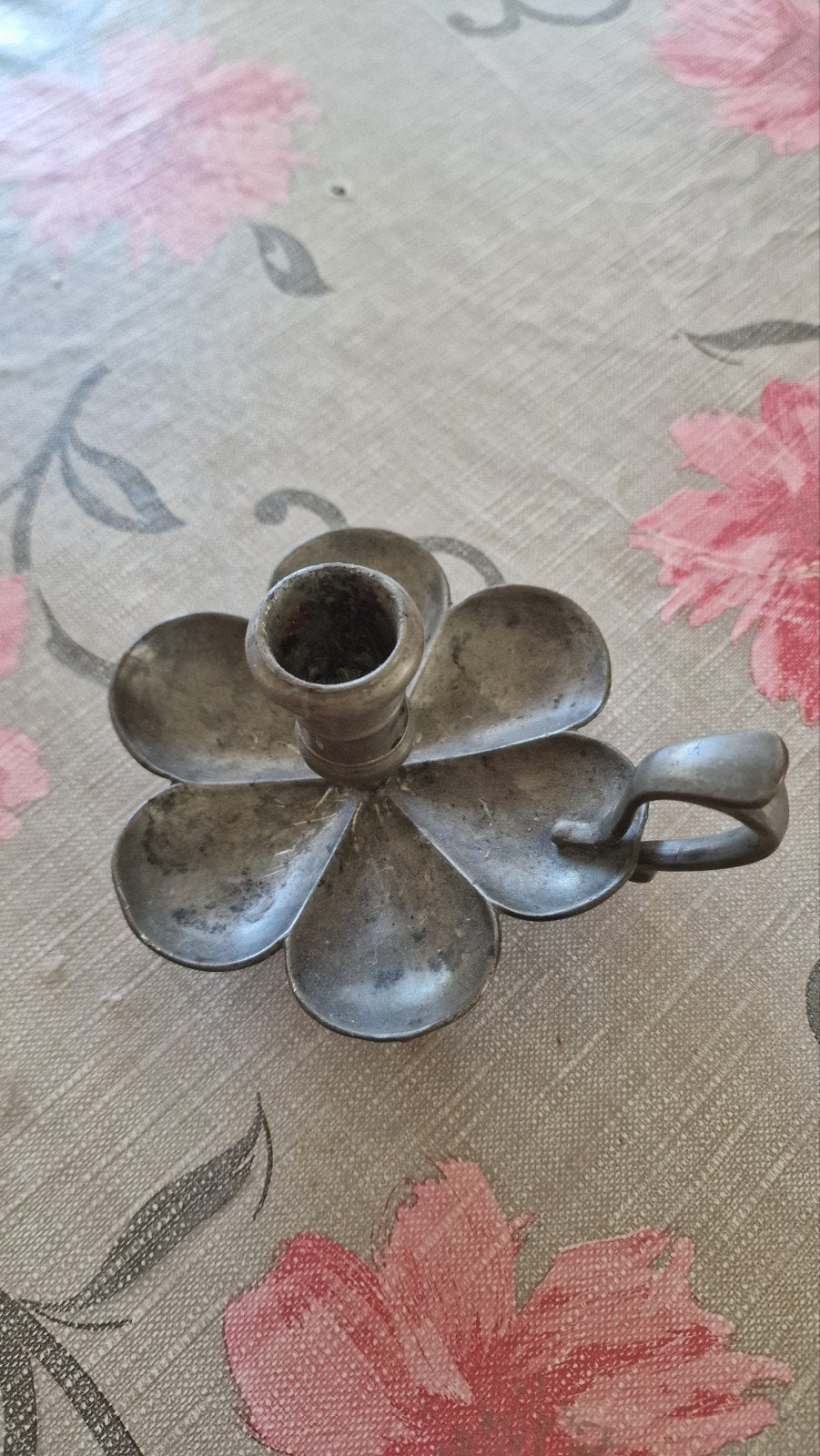 Antieke Tinnen Kandelaar in Bloemstijl - 15cm, Ophalen of Verzenden