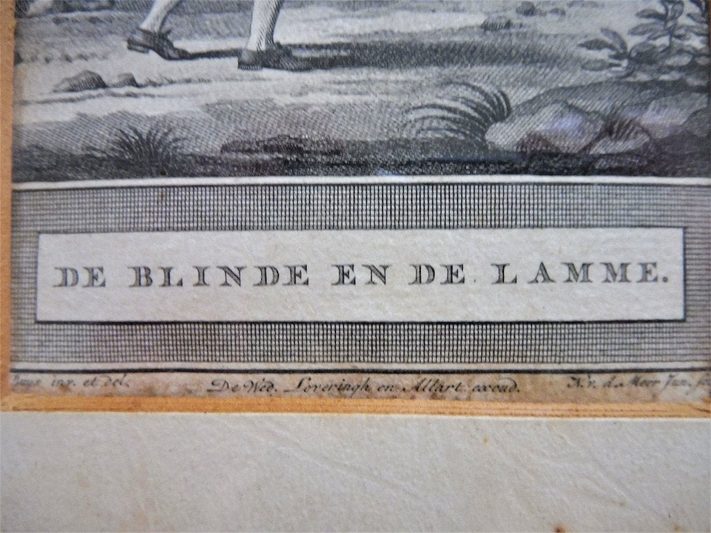 Kopergravure: DE BLINDE EN DE LAMME fabel ca.1780, Dagelijks leven, Ophalen of Verzenden, Gravure, Ingelijst