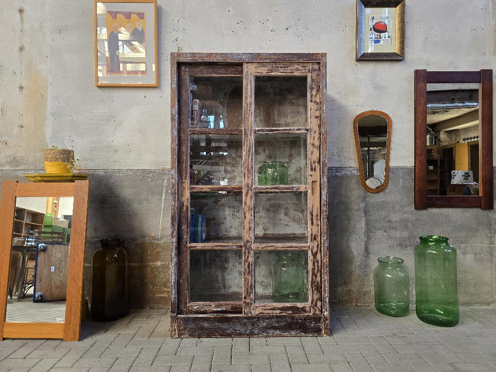 Vintage Teak Vitrinekast | Houten Vitrine Kast Antiek, 100 tot 150 cm, Glas, Ophalen of Verzenden, Vintage Antiek Landelijk Brocante