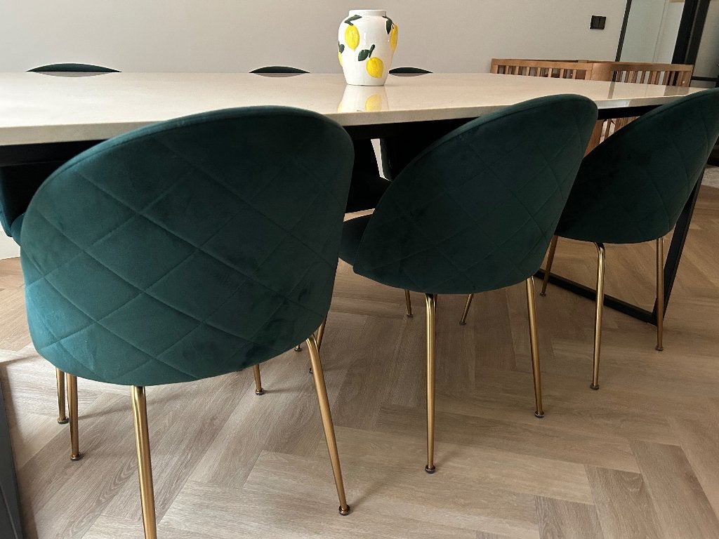 Eetkamerstoelen groen velvet, Huis en Inrichting, Ophalen, Zo goed als nieuw, Overige kleuren, Vijf, Zes of meer stoelen
