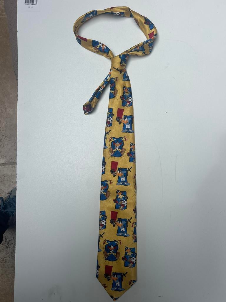 Looney Tunes Daffy Duck Voetbal Stropdas - Vintage 1998, Ophalen of Verzenden, Zo goed als nieuw, Geel, Met patroon