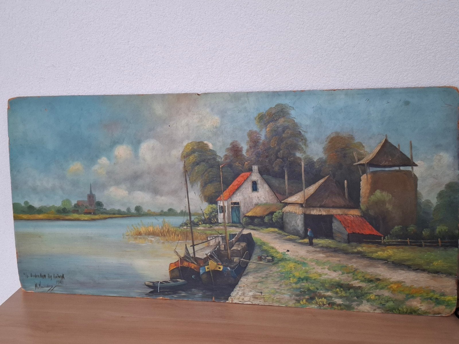 Olieverfschilderij Oude Rijn bij Katwijk, gesigneerd 1941, Ophalen of Verzenden