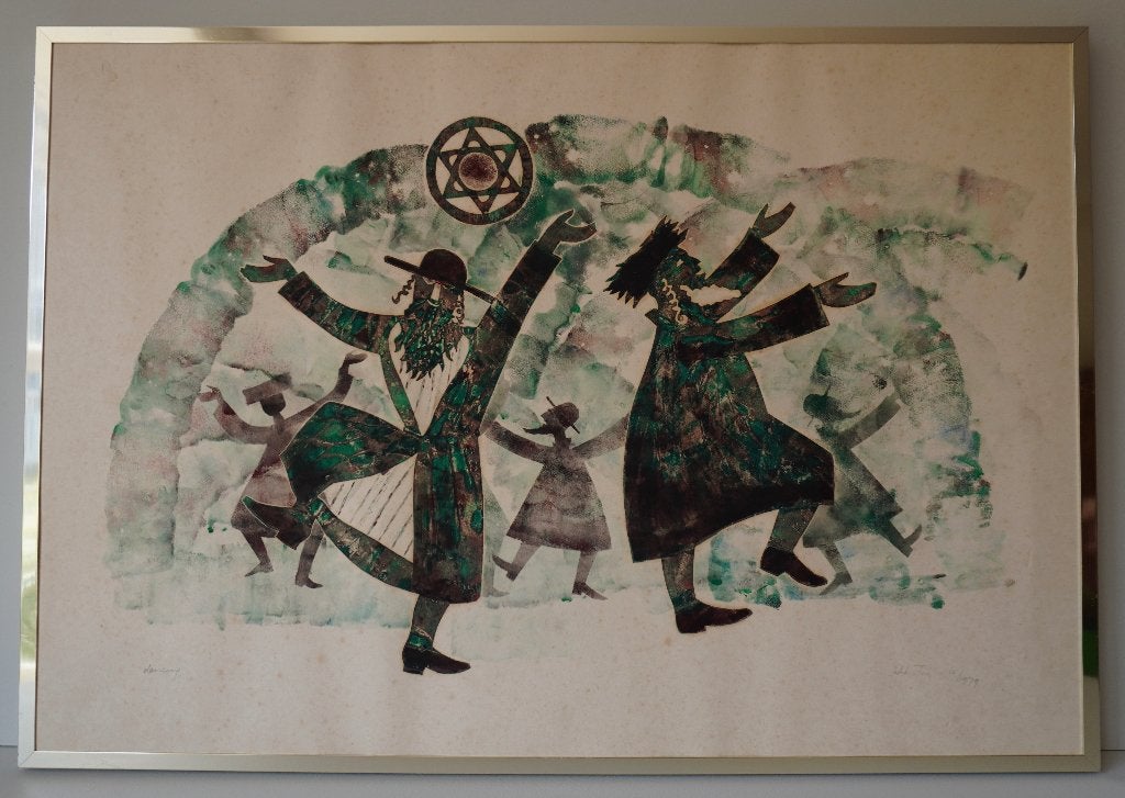 Lika Tov Joodse kunst dansende rabbijnen 1979 gesigneerd, Ingelijst, Ophalen of Verzenden, Overige onderwerpen, Overige techniek