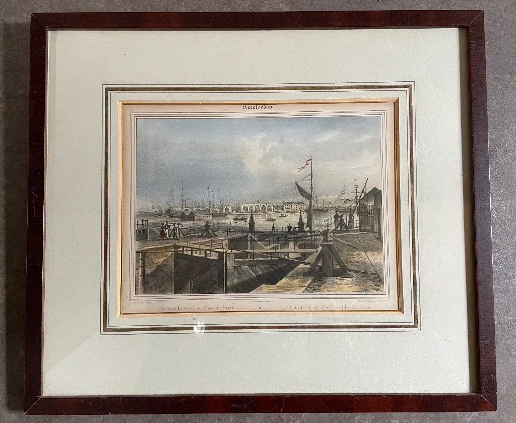 Amsterdam. Landswerf en dok-sluizen. Steendruk circa 1860, Antiek en Kunst, Kunst | Litho's en Zeefdrukken, Ingelijst, Ophalen of Verzenden