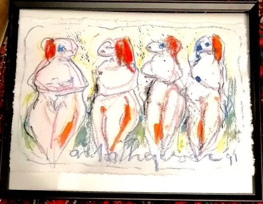 A Heyboer '' 4 vrouwen '' mixmedia op scheppapier, Verzenden