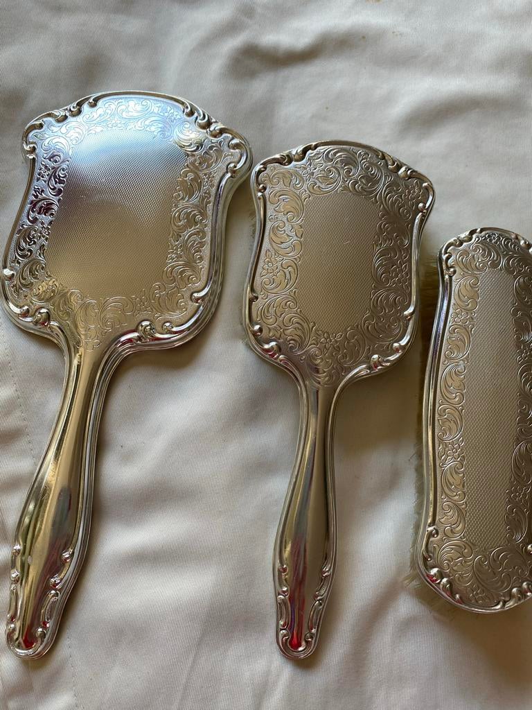 Vintage verzilverde spiegel en borstel set, Antiek en Kunst, Ophalen of Verzenden