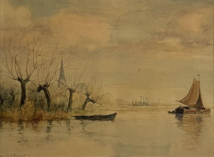 1124. Aquarel, C. van Velzen - rivierlandschap, 19e eeuw, Ophalen of Verzenden