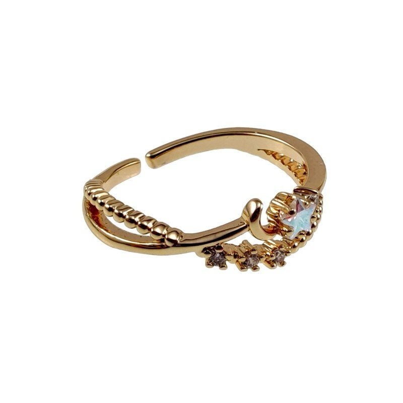 Gold Plated Ring Sterren Maan Zirkonia Verstelbaar 16-17mm, Met kristal, Birgitta-Gracht 33, 6465 EL Kerkrade, Nederland, Nieuw