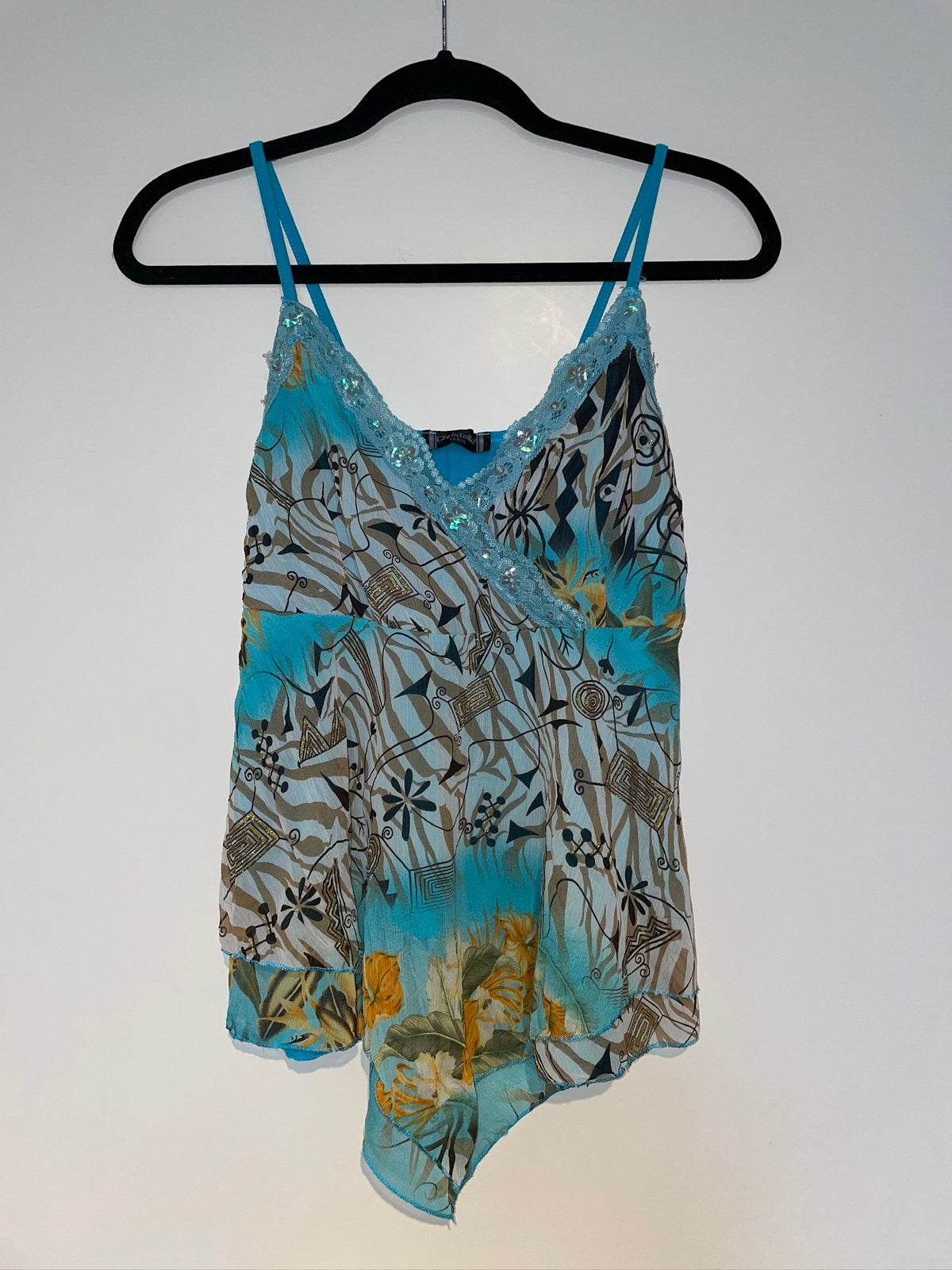 Turquoise ibiza boho spaghetti top pailletten en kant mt 38, Maat 38/40 (M), Blauw, Ophalen of Verzenden, Zo goed als nieuw