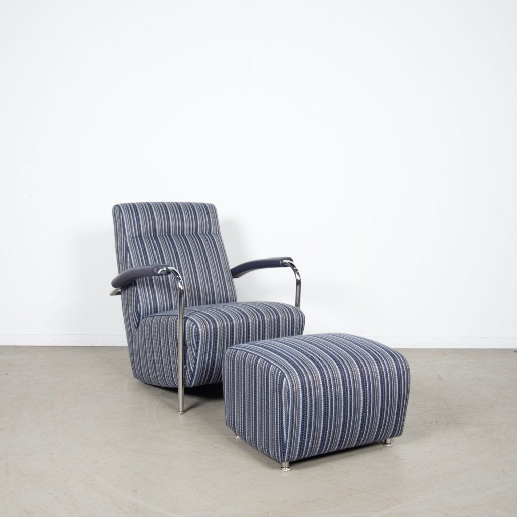 Leolux Scylla Fauteuil Blauw Gestreept Stof/Leer + Hocker, Huis en Inrichting, Leolux, Zo goed als nieuw, Niet ingevuld, Niet ingevuld