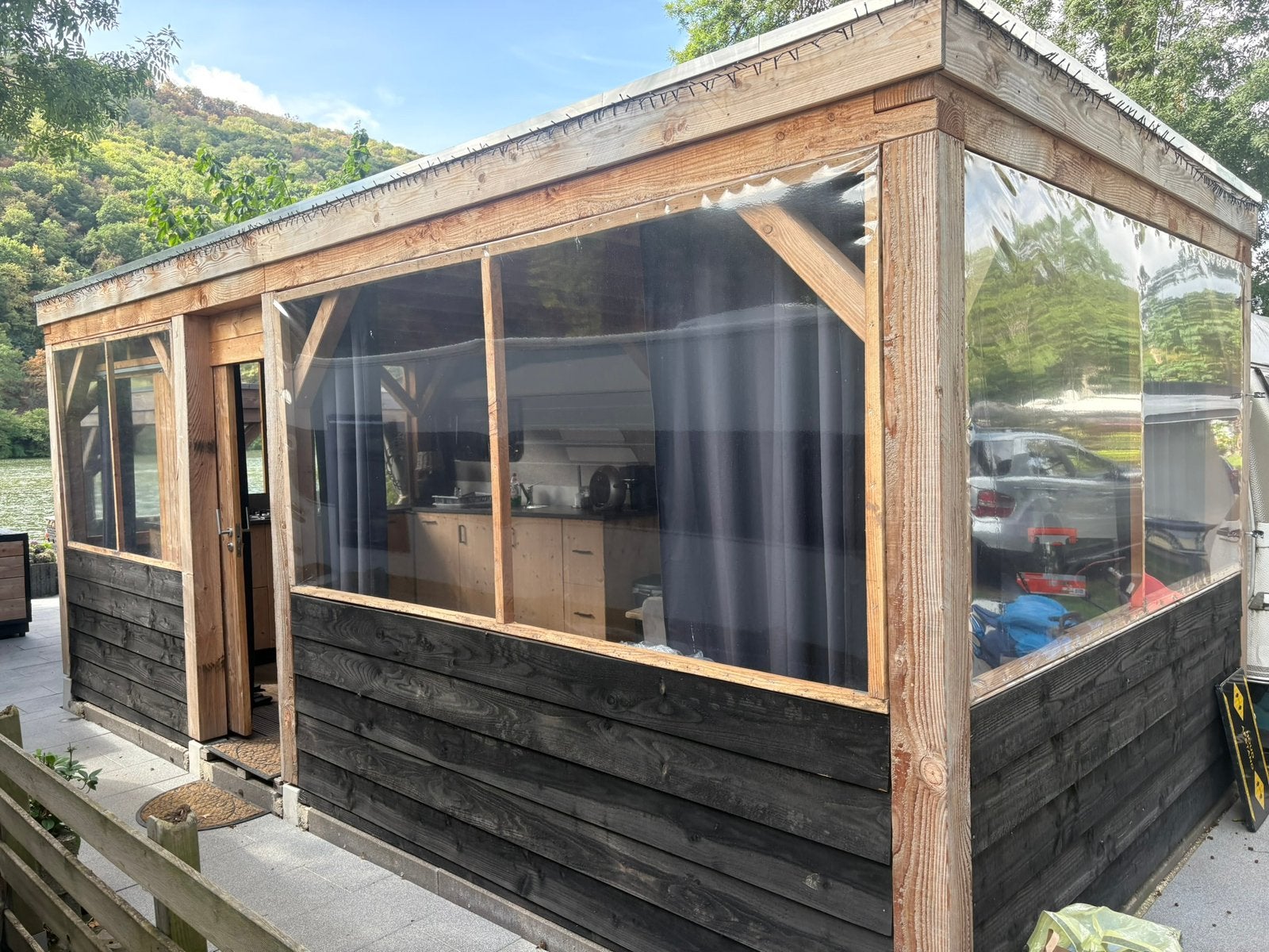 2 houten overkappingen 3x4 & 6,5x3 m camping zelf afbouwen, Tuin en Terras, Ophalen, Zo goed als nieuw, Veranda