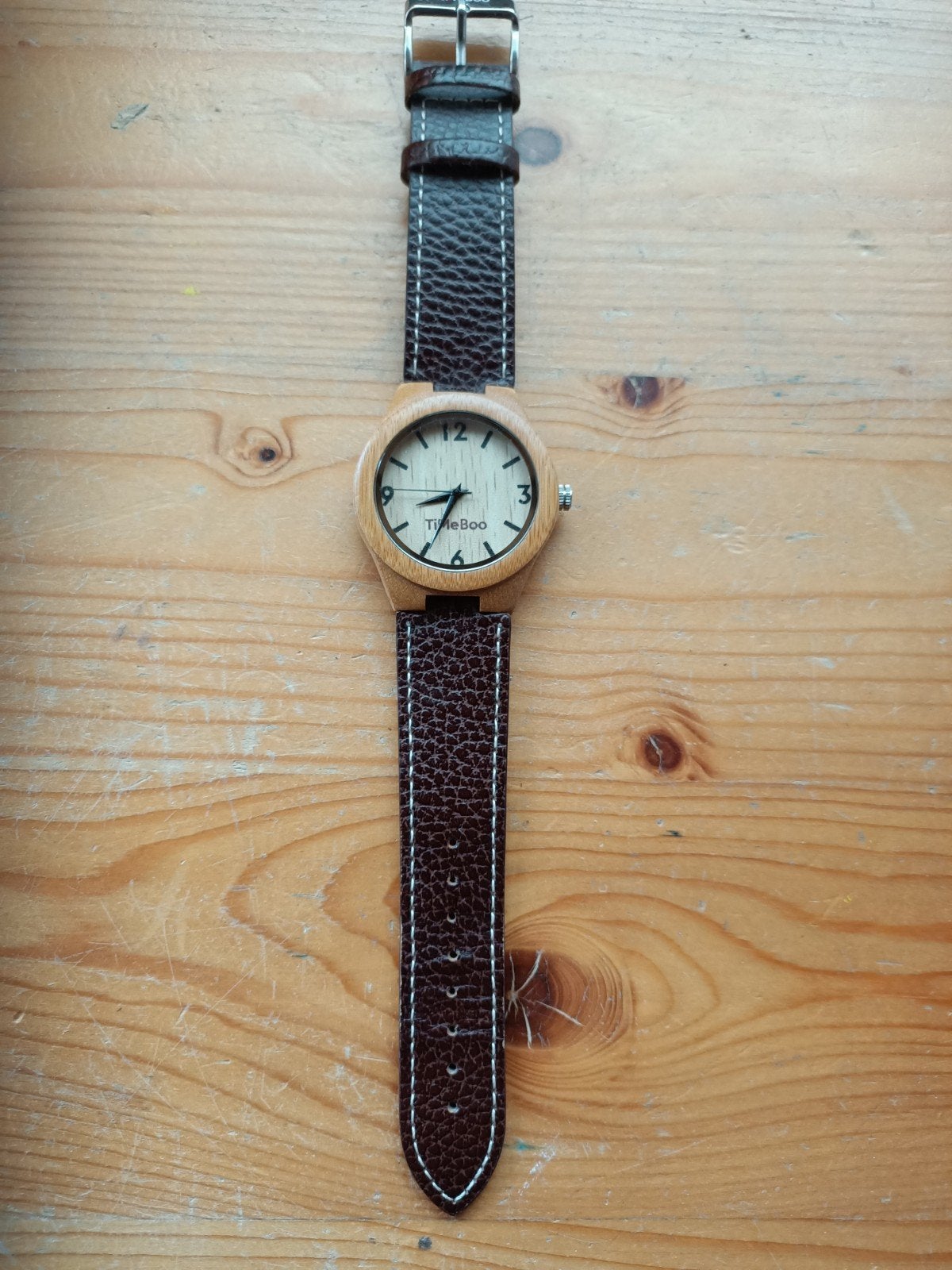 Nieuw TimeBoo Houten Horloge met Leren Bandje, Ophalen of Verzenden, Nieuw, Leer, Overige merken