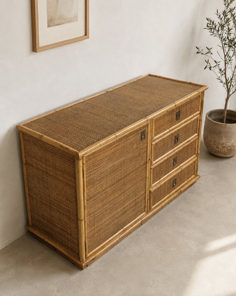 Vintage lage kast in rotan en bamboe, Ophalen, 25 tot 50 cm, Metaal, Minder dan 100 cm
