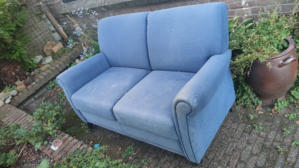 Bank, tweezitter blauw, Ophalen, Gebruikt, Tweepersoons, 75 tot 100 cm