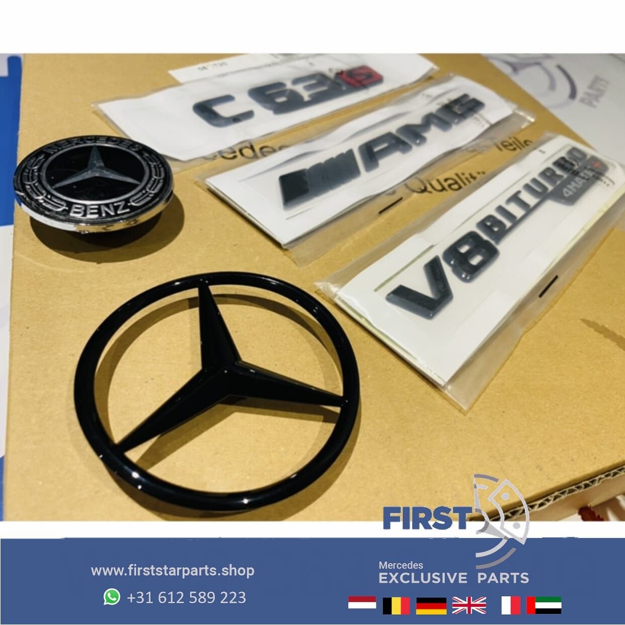 W205 C205 C63 S BITURBO 4MATIC AMG LOGO SET ZWART EMBLEMEN M, Gebruikt, -, Ophalen of Verzenden, -
