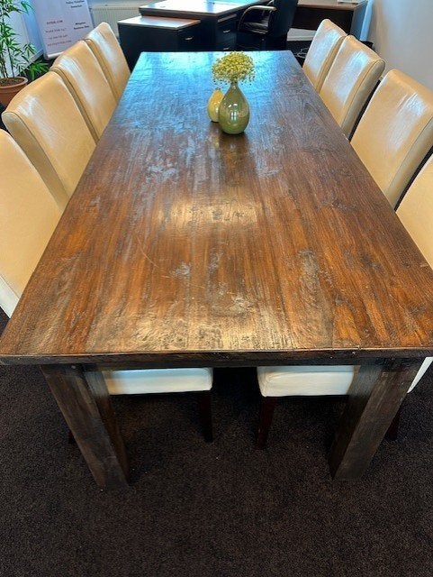 Megamooie teakhouten tafel met 8 lederen stoelen aangeboden, Ophalen, Zo goed als nieuw, Modern, Strak, Klassiek, Vintage, 6 tot 8 stoelen