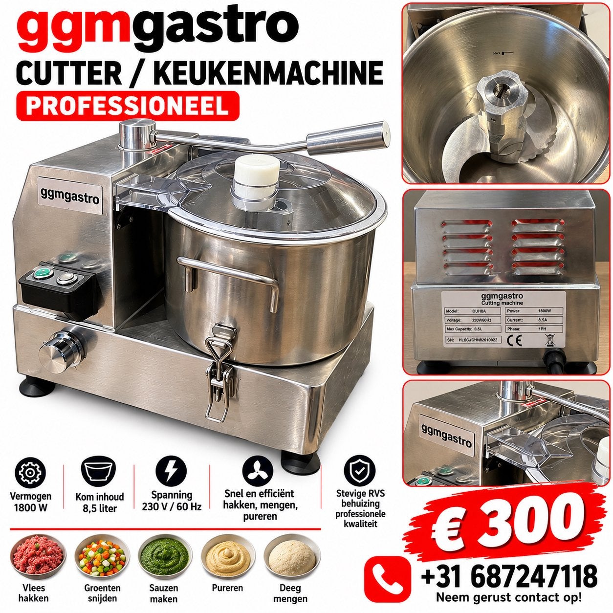 GGM Gastro Professionele Cutter / Keukenmachine 8,5L 1800W, Ophalen of Verzenden, Gebruikt, Overige typen